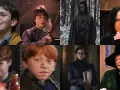 Collage zeigt die Harry Potter Serie Cast: junge Darsteller, Harry, Ron, Snape, McGonagall und andere.