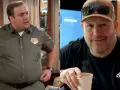 Kevin James, bekannt aus der Besetzung von King of Queens, einmal im Arbeitshemd, einmal mit Kappe und Sonnenbrille.