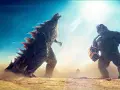 Godzilla und King Kong stehen sich in einer staubigen Arena gegenüber. Ein epischer Kampf aus Godzilla x Kong: The New Empire.
