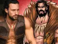 Aaron Taylor-Johnson als Kraven the Hunter, neben einer Comic-Darstellung des Jägers mit Fellkragen und Zahnkette.