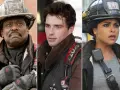 Drei Feuerwehrmänner der Besetzung von Chicago Fire in voller Montur.