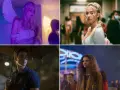 Die Besetzung von Euphoria: Hunter Schafer als Engel, Sydney Sweeney im Schulflur, Jacob Elordi im Regen und Zendaya auf einem Jahrmarkt.