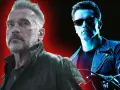 Zwei Arnold Schwarzeneggers: ein älterer, gezeichneter Mann und ein junger Terminator mit roten Augen, die an Terminator: Dark Fate erinnern.