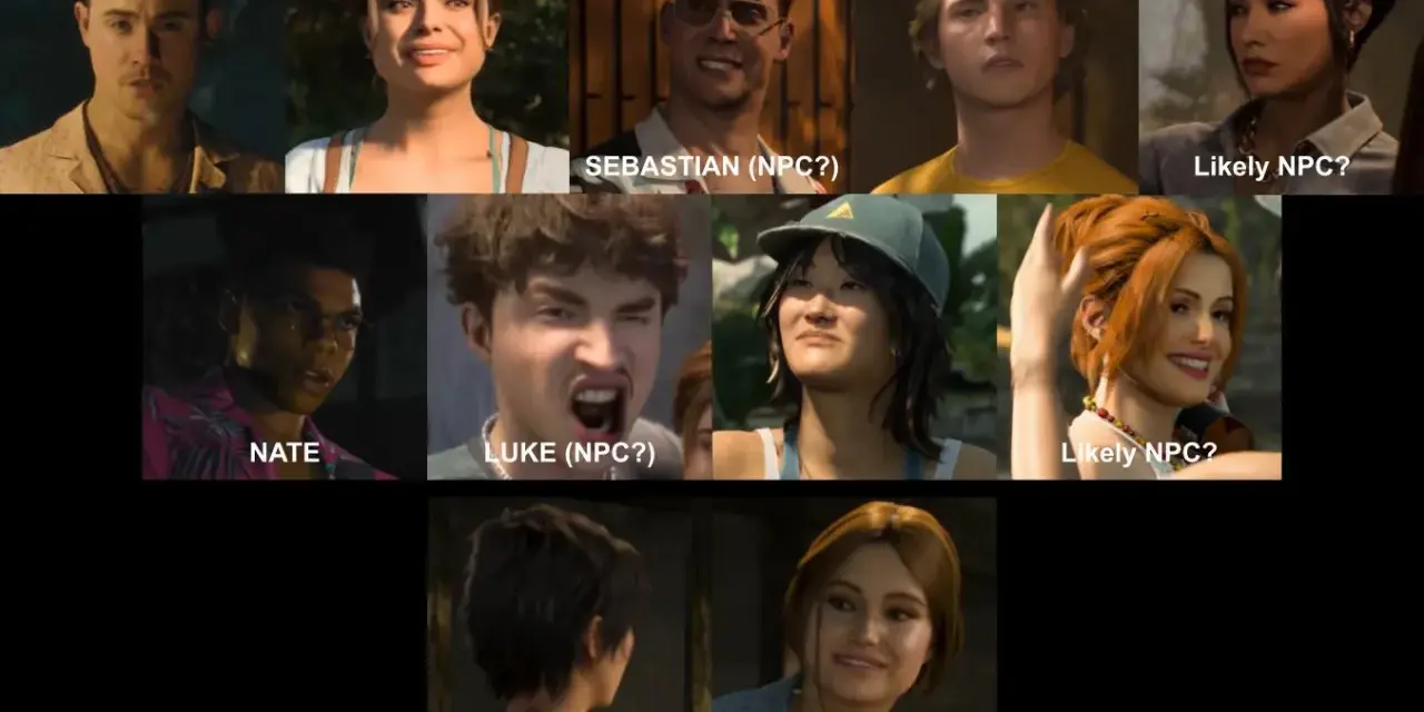 Die Besetzung von Disturbia: Porträts von Nate, Luke, Sebastian und anderen Charakteren, die auf ihre Rollen als NPCs oder Hauptfiguren hinweisen.
