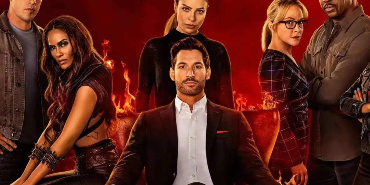 Die Besetzung von Lucifer: Tom Ellis als Lucifer Morningstar sitzt im Sessel, umgeben von seinen Freunden und Feinden vor feurigem Hintergrund.
