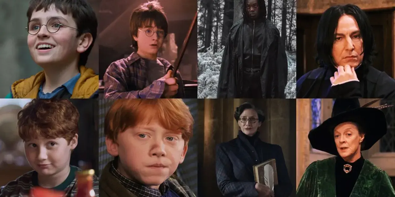 Collage zeigt die Harry Potter Serie Cast: junge Darsteller, Harry, Ron, Snape, McGonagall und andere.