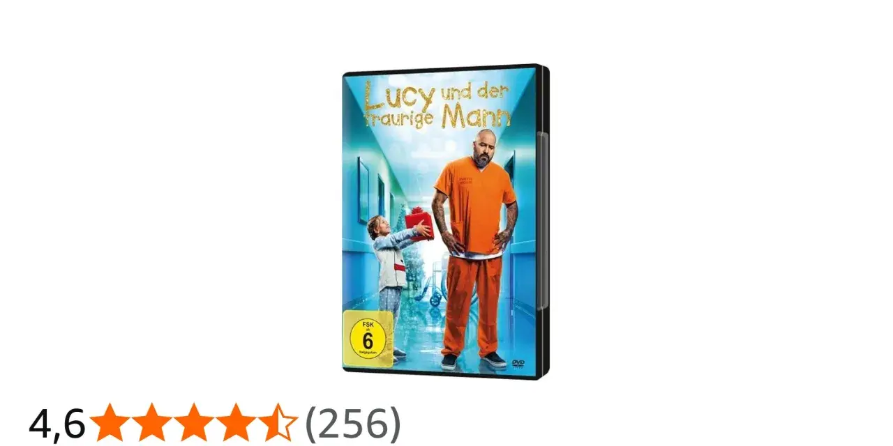 DVD-Cover "Lucy und der traurige Mann": Ein kleines Mädchen schenkt einem Mann in orangefarbener Kleidung ein Geschenk.