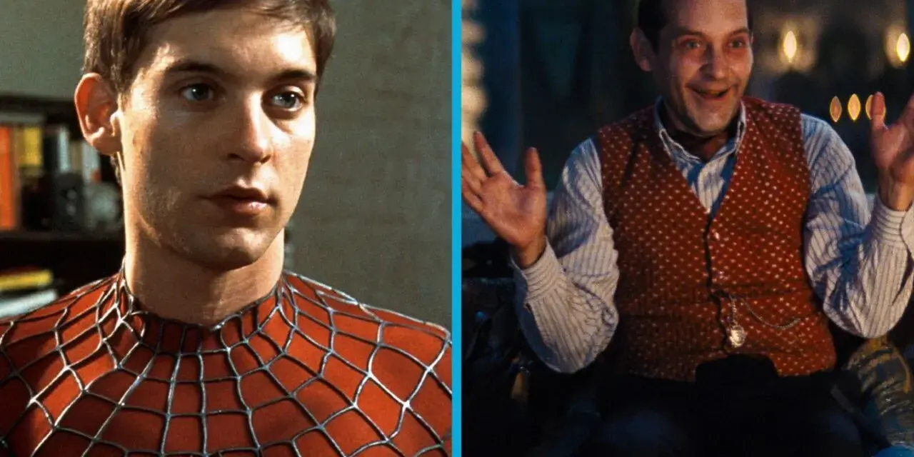 Tobey Maguire als Spider-Man im roten Anzug und als Peter Parker in einem roten Weste. Besetzung von Spider-Man (Film).