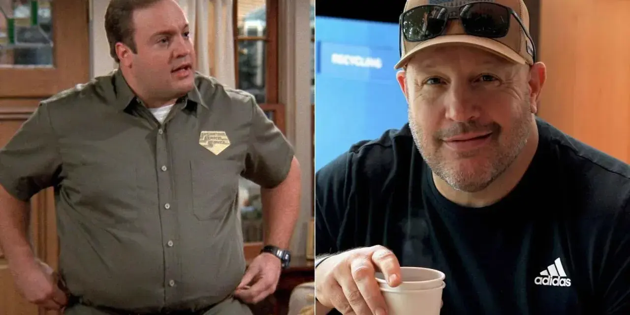 Kevin James, bekannt aus der Besetzung von King of Queens, einmal im Arbeitshemd, einmal mit Kappe und Sonnenbrille.