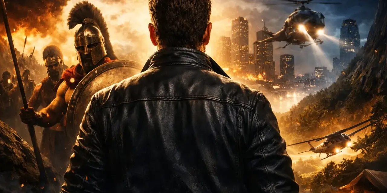 Gerard Butler in einem Lederjacken-Look, der sich einer antiken Schlacht und modernen Helikoptern gegenübersieht. Ein episches Abenteuer, wie in seinen Filmen.