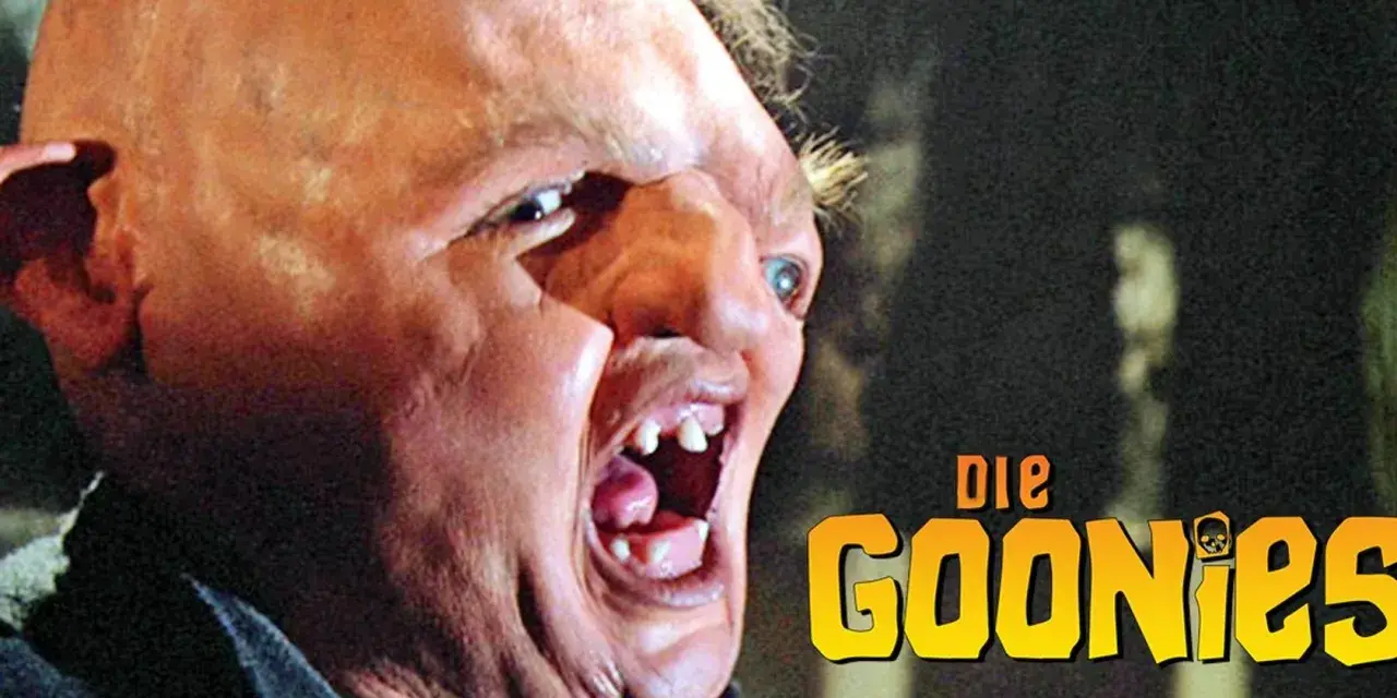 Sloth, ein Mitglied der Besetzung von Die Goonies, mit seinem charakteristischen Gesichtsausdruck und dem Filmtitel.