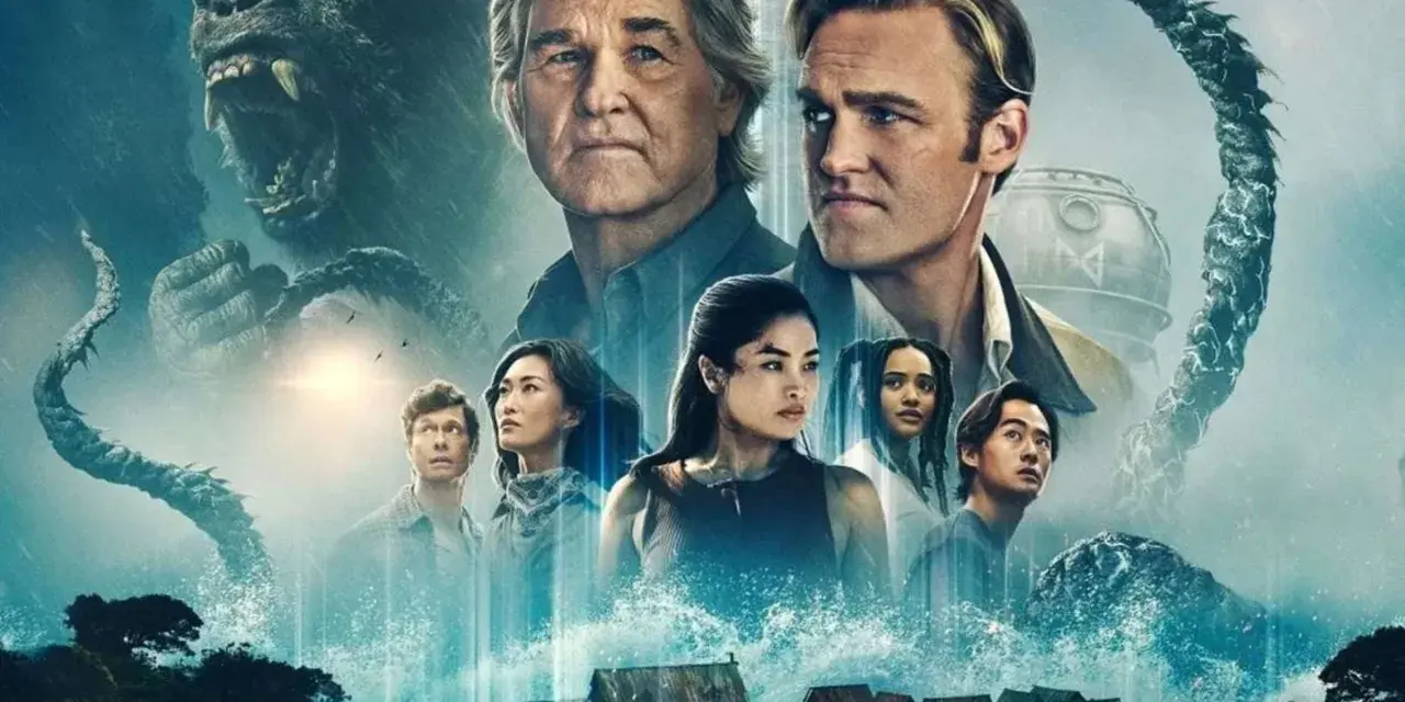 King Kong brüllt, während die MONARCH Staffel 2-Besetzung vor einer stürmischen Kulisse und einem tentakelartigen Monster steht.