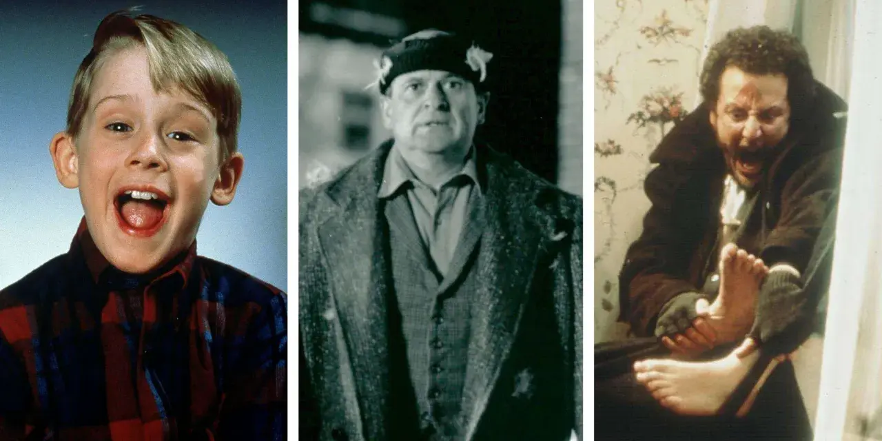 Kevin McCallister und die Einbrecher Harry und Marv aus der Besetzung von Kevin – Allein zu Haus.