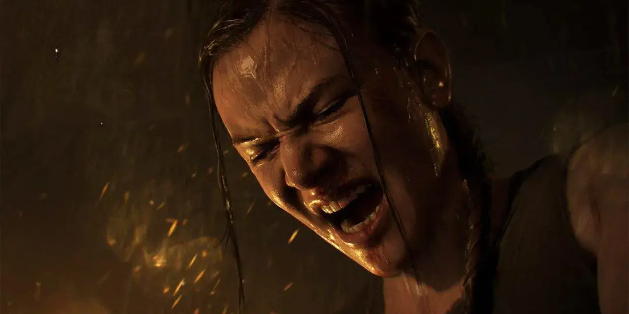 Ellie schreit vor Schmerz und Anstrengung, Schweiß und Blut auf ihrem Gesicht. Die Szene deutet auf die emotionale Intensität von "The Last of Us Staffel 3" hin.