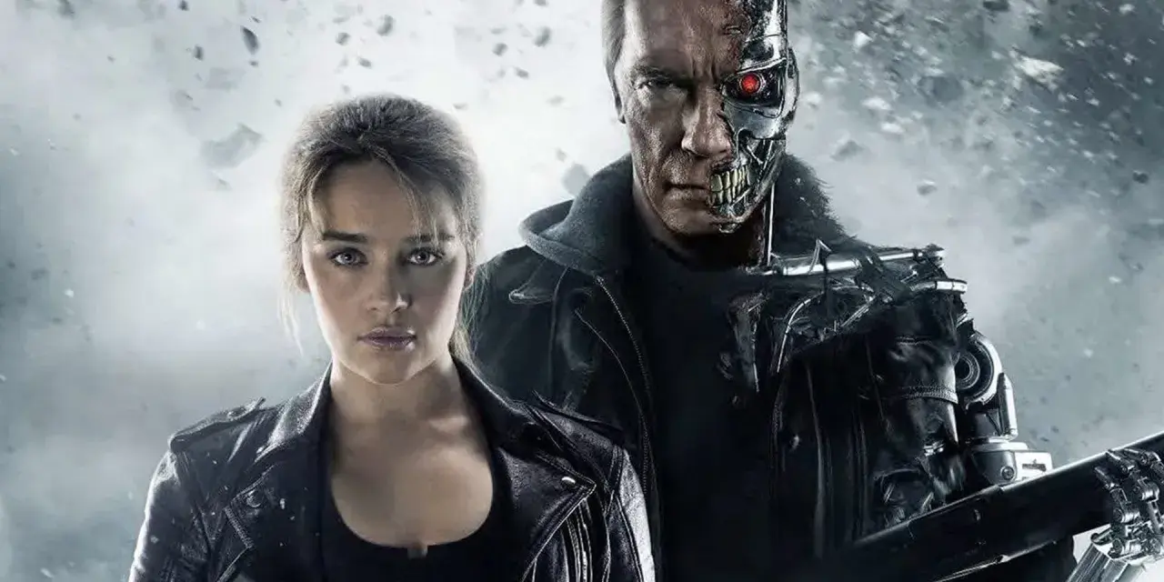 Sarah Connor und der Terminator (Arnold Schwarzenegger) im Kampf gegen die Maschinen. Die Besetzung von Terminator ist ikonisch.