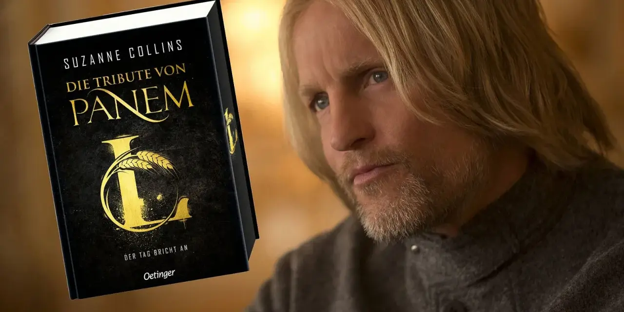 Ein Mann mit langen blonden Haaren und Bart, der an die Besetzung von "Die Tribute von Panem" erinnert, blickt nachdenklich auf das Buch "Die Tribute von Panem".