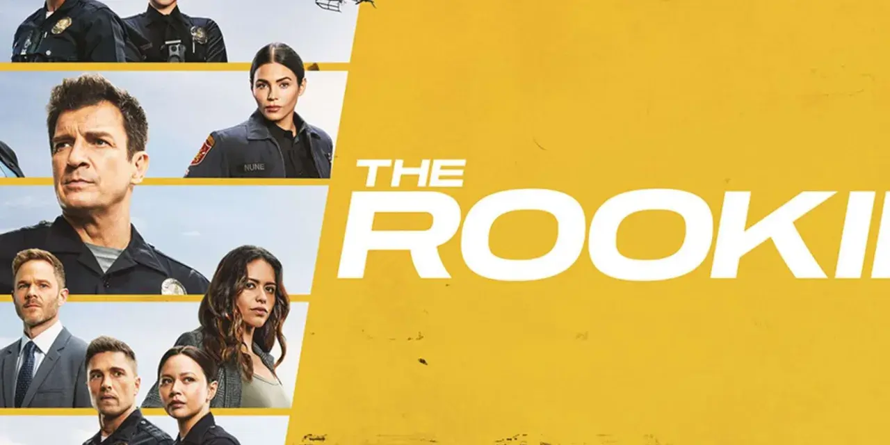 Die Hauptcharaktere der Serie "The Rookie" Staffel 6, darunter Polizisten und ein Hubschrauber, vor einem gelben Hintergrund.