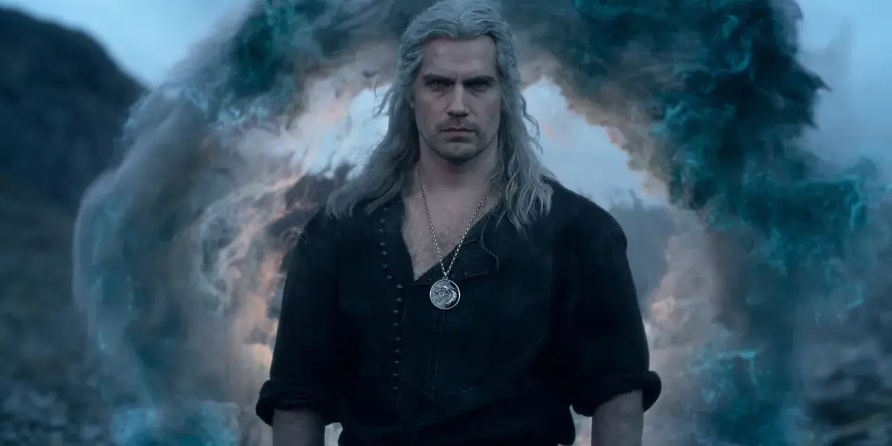 Geralt von Riva, mit seinem ikonischen silbernen Haar und dem Hexer-Medaillon, steht vor einem portalartigen Wirbel aus magischem Rauch. Die Szene deutet auf die Ereignisse von **The Witcher Staffel 3** hin.