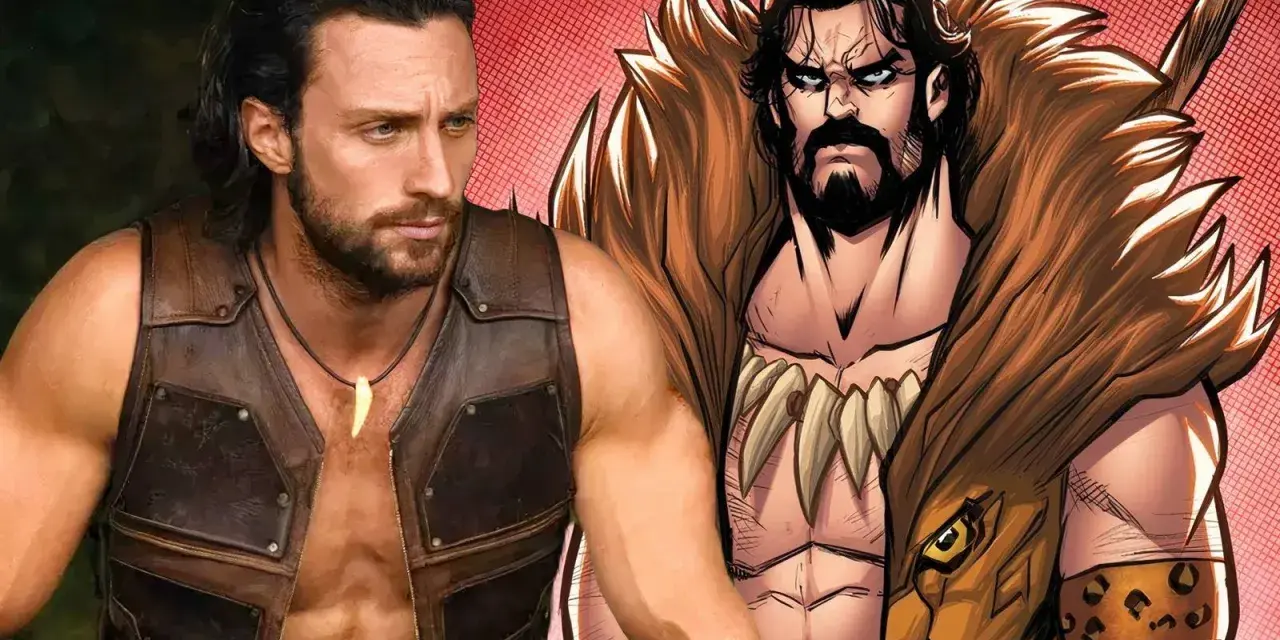 Aaron Taylor-Johnson als Kraven the Hunter, neben einer Comic-Darstellung des Jägers mit Fellkragen und Zahnkette.