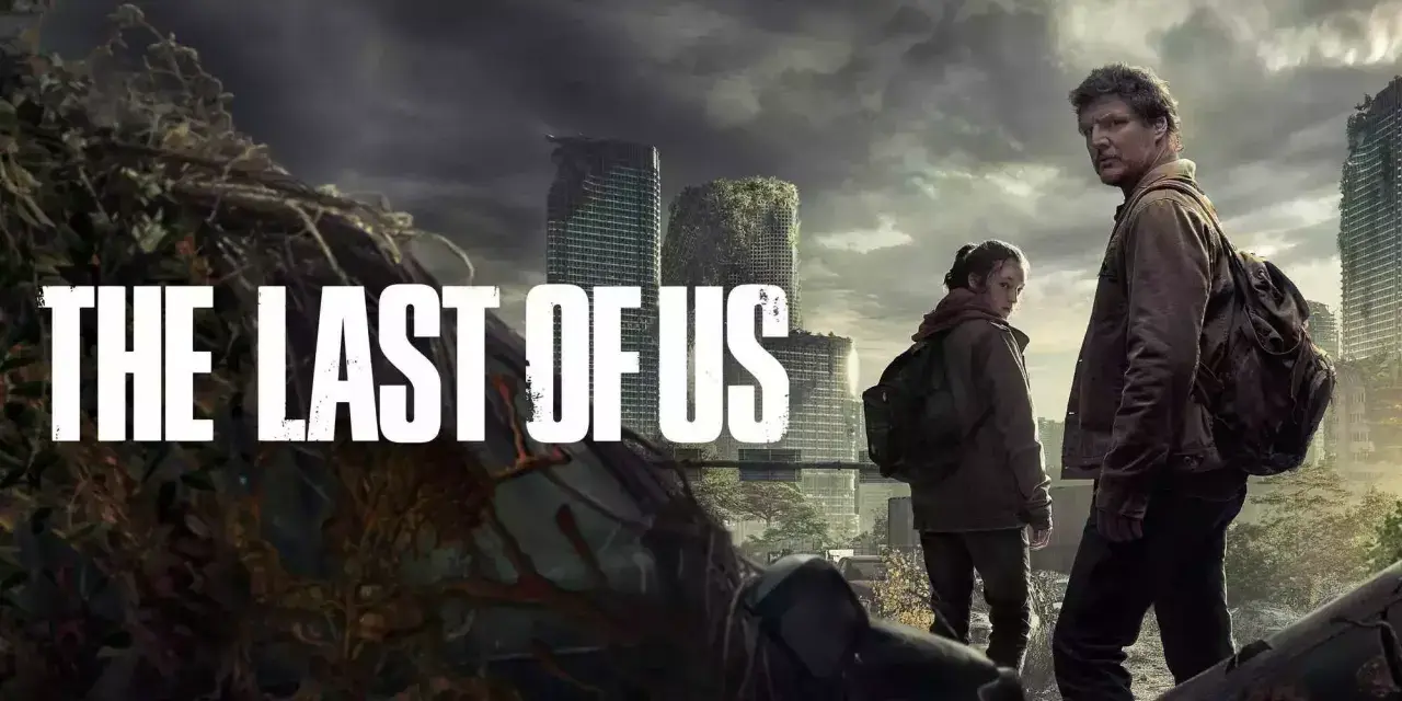 Joel und Ellie, die Hauptfiguren aus "The Last of Us", stehen vor einer zerstörten Stadt.