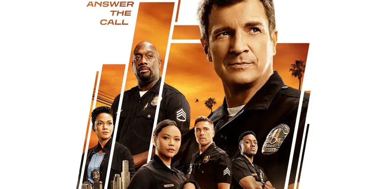 Das Plakat zur **the rookie staffel 5** zeigt das Team in Uniform vor einem sonnenuntergangroten Himmel.