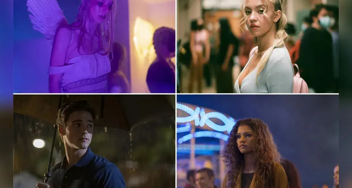 Die Besetzung von Euphoria: Hunter Schafer als Engel, Sydney Sweeney im Schulflur, Jacob Elordi im Regen und Zendaya auf einem Jahrmarkt.