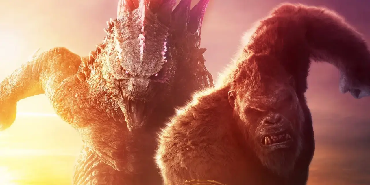 Godzilla und King Kong stehen sich im Kampf gegenüber. Ein episches Aufeinandertreffen im Stil von Godzilla x Kong.