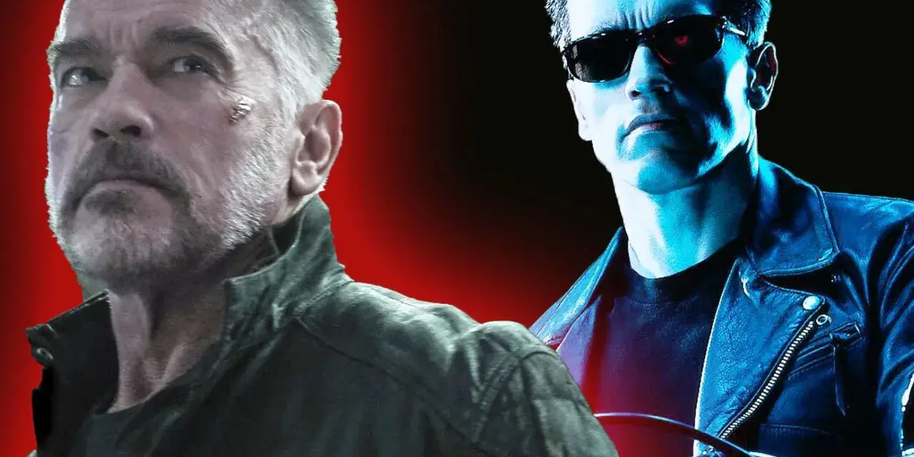 Zwei Arnold Schwarzeneggers: ein älterer, gezeichneter Mann und ein junger Terminator mit roten Augen, die an Terminator: Dark Fate erinnern.