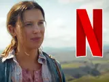 Millie Bobby Brown als Eleven im "Stranger Things"-Finale, bereit für den Kampf. Das Netflix-Logo prangt daneben.