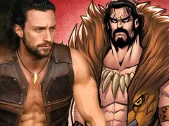 Aaron Taylor-Johnson als Kraven the Hunter, neben einer Comic-Darstellung des Jägers mit Fellkragen und Zahnkette.