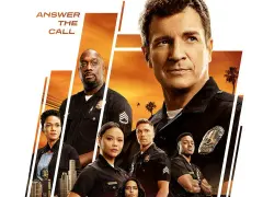 Das Plakat zur **the rookie staffel 5** zeigt das Team in Uniform vor einem sonnenuntergangroten Himmel.
