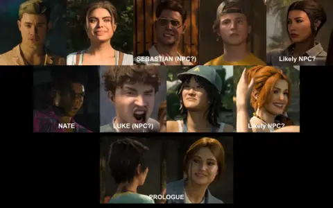 Die Besetzung von Disturbia: Porträts von Nate, Luke, Sebastian und anderen Charakteren, die auf ihre Rollen als NPCs oder Hauptfiguren hinweisen.