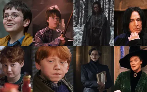Collage zeigt die Harry Potter Serie Cast: junge Darsteller, Harry, Ron, Snape, McGonagall und andere.