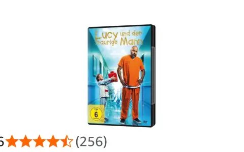 DVD-Cover "Lucy und der traurige Mann": Ein kleines Mädchen schenkt einem Mann in orangefarbener Kleidung ein Geschenk.