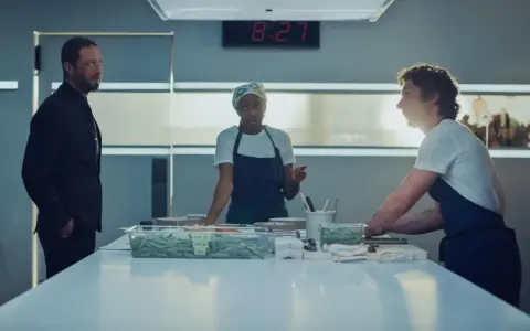 Ein Mann im Anzug beobachtet zwei Köche in einer Küche. Die Uhr zeigt 8:27. Szene aus "The Bear" Staffel 3.