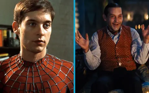 Tobey Maguire als Spider-Man im roten Anzug und als Peter Parker in einem roten Weste. Besetzung von Spider-Man (Film).