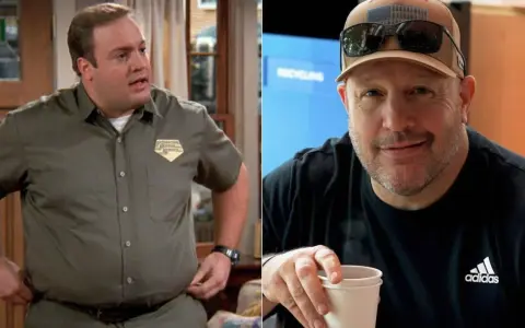 Kevin James, bekannt aus der Besetzung von King of Queens, einmal im Arbeitshemd, einmal mit Kappe und Sonnenbrille.