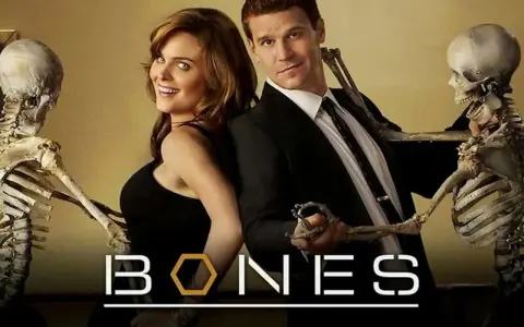 Die Hauptdarsteller der Serie "Bones – Die Knochenjägerin" posieren mit Skeletten.
