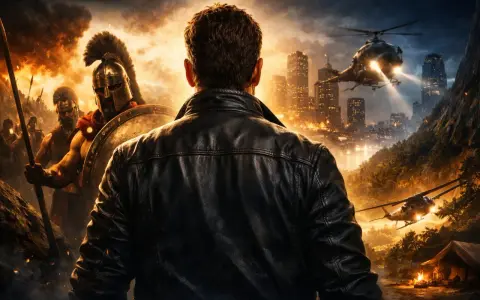 Gerard Butler in einem Lederjacken-Look, der sich einer antiken Schlacht und modernen Helikoptern gegenübersieht. Ein episches Abenteuer, wie in seinen Filmen.