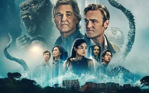 King Kong brüllt, während die MONARCH Staffel 2-Besetzung vor einer stürmischen Kulisse und einem tentakelartigen Monster steht.