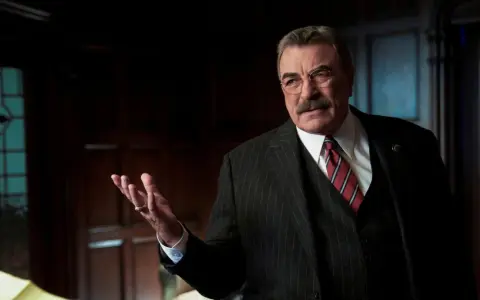 Frank Reagan in Blue Bloods Staffel 14, mit gestreiftem Anzug und Krawatte, erklärt etwas mit erhobener Hand.