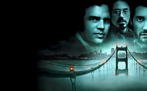 Die besetzung von Zodiac – Die Spur des Killers: Jake Gyllenhaal, Mark Ruffalo und Robert Downey Jr. blicken über eine nebelverhangene Golden Gate Bridge.