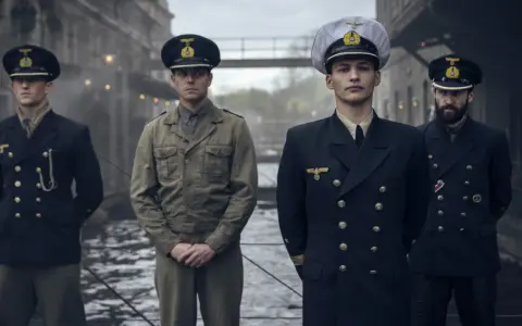Vier Männer in Uniformen, die an die Zeit von "Das Boot Staffel 3" erinnern, stehen nebeneinander.