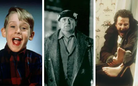 Kevin McCallister und die Einbrecher Harry und Marv aus der Besetzung von Kevin – Allein zu Haus.