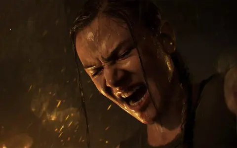 Ellie schreit vor Schmerz und Anstrengung, Schweiß und Blut auf ihrem Gesicht. Die Szene deutet auf die emotionale Intensität von "The Last of Us Staffel 3" hin.