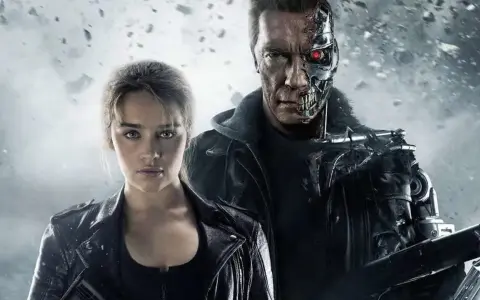 Sarah Connor und der Terminator (Arnold Schwarzenegger) im Kampf gegen die Maschinen. Die Besetzung von Terminator ist ikonisch.