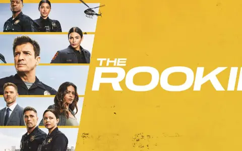 Die Hauptcharaktere der Serie "The Rookie" Staffel 6, darunter Polizisten und ein Hubschrauber, vor einem gelben Hintergrund.