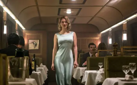 Léa Seydoux in einem eleganten Kleid im Speisewagen des Orient Express. Ein Moment aus der Besetzung von James Bond 007: Spectre.