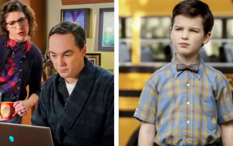 Die Besetzung von Young Sheldon: Sheldon Cooper als Kind und Erwachsener, mit seiner Mutter Mary.