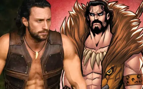 Aaron Taylor-Johnson als Kraven the Hunter, neben einer Comic-Darstellung des Jägers mit Fellkragen und Zahnkette.